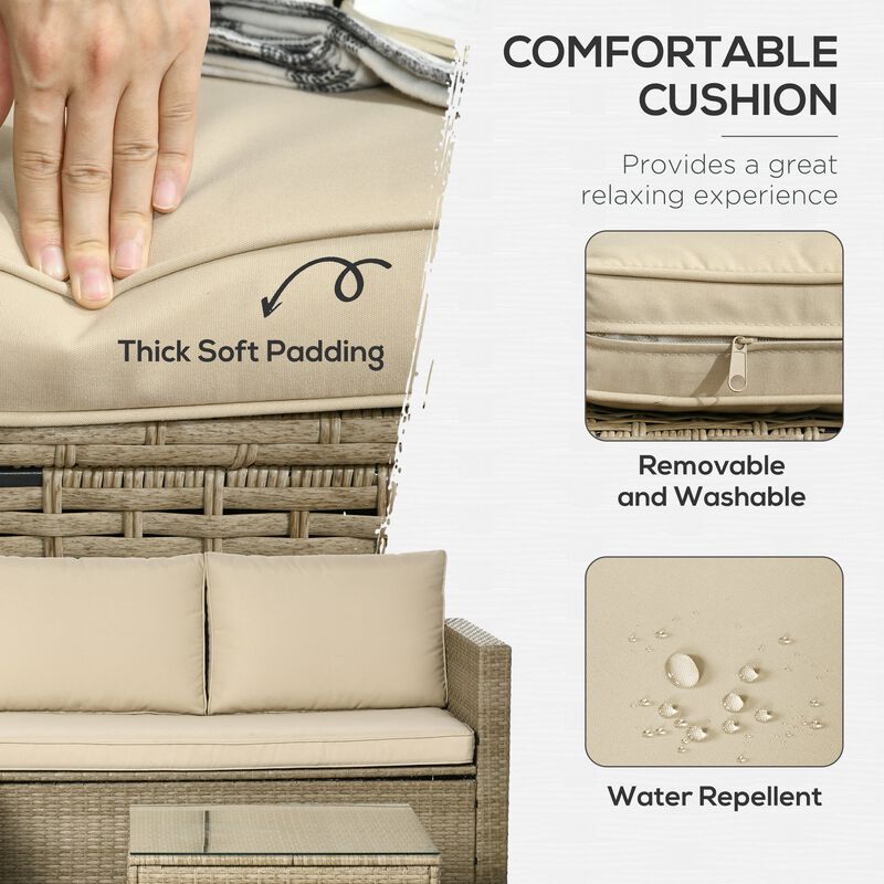 Khaki Outdoor Seating: 3pc Compact Wicker Sectional Set with Storage Table