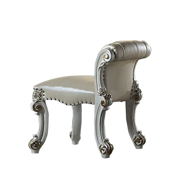 Jess 25 Inch Vanity Chair, Vegan Faux Leather, Rolled Back, Queen Anne Legs - Benzara