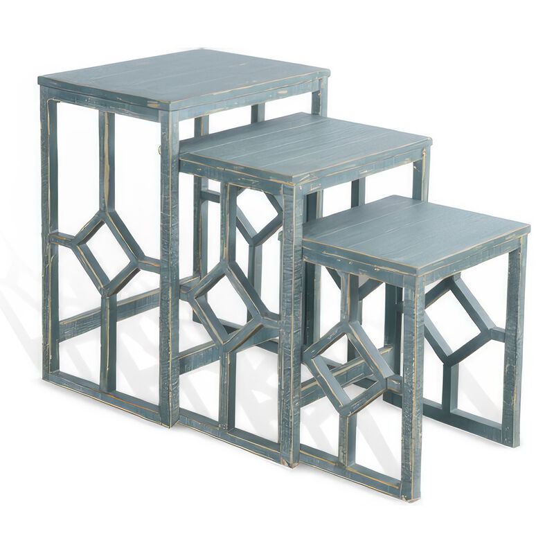 Rena 3 Piece Nesting Accent Table Set, Slatted, Rustic Green Mahogany - Benzara