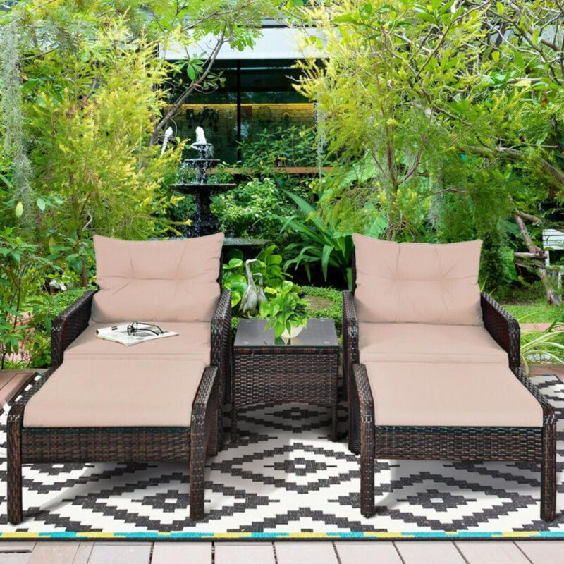 Hivvago 5 Pieces Patio Rattan Sofa Ottoman Furniture Set with Cushions