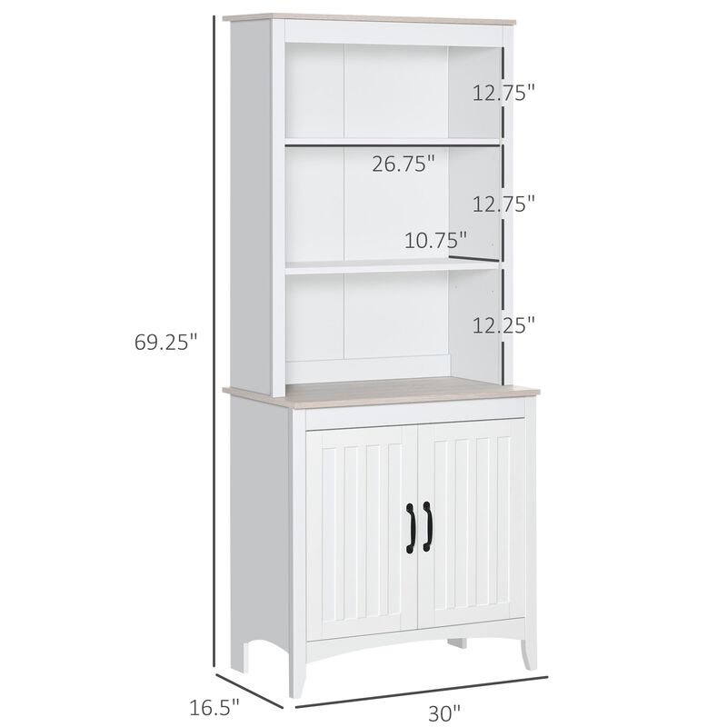 White Kitchen Tower: 69" Freestanding Hutch Cabinet with Shelving