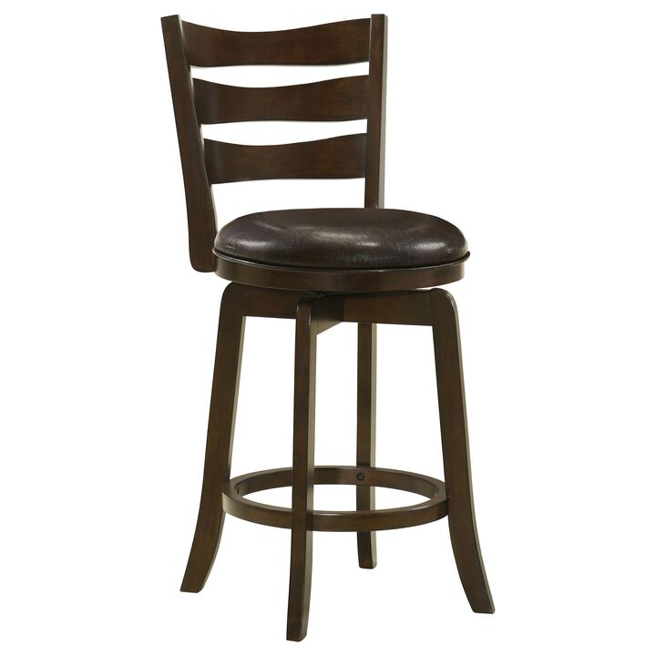 Mona Swivel Counter Height Chair, Dark Brown Faux Leather Cherry Brown Wood - Benzara