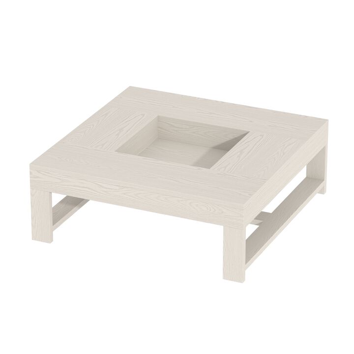 FUFU&GAGA Modern White Wood Coffee Table – Solid Wood, Square Design, Spacious Tabletop with Built-in Storage, Sturdy Frame (43.3" W x 43.3" D x 15.7" H), White
