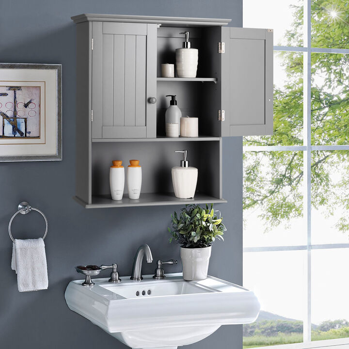 Costway Wall Mount Bathroom Cabinet Storage Organizer Medicine Cabinet with 2-Doors and 1- Shelf Cottage Collection Wall Cabinet Grey