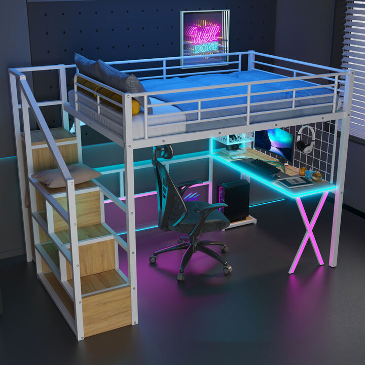 Merax Metal Loft Bed with LED and Storage Staircase
