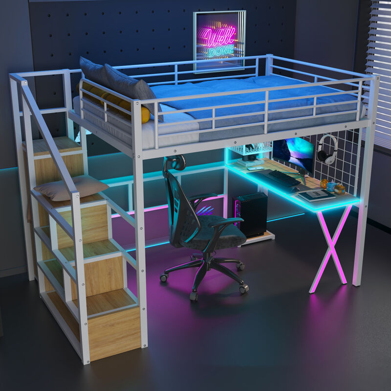 Merax Metal Loft Bed with LED and Storage Staircase