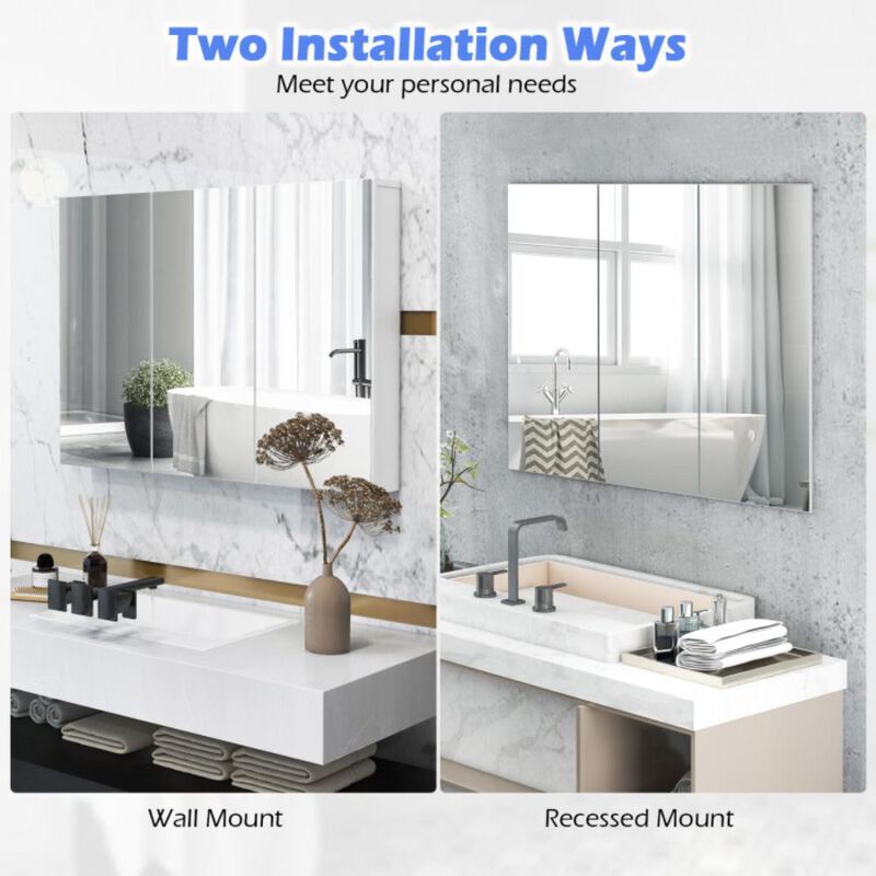 Hivvago Frameless Bathroom Wall Mounted Mirror Cabinet with 3 Doors and Adjustable Shelves
