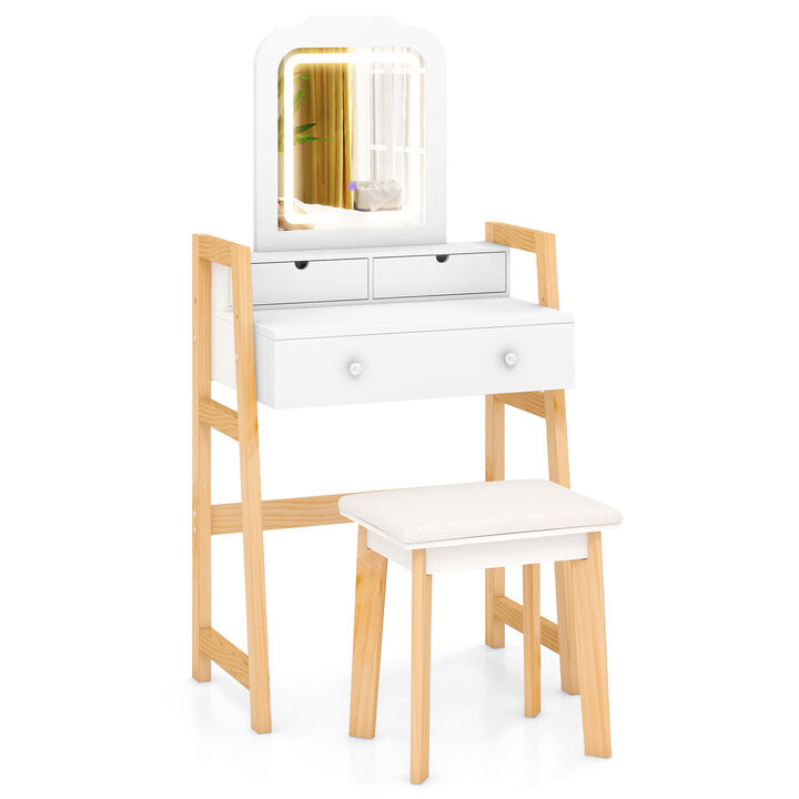 Adjustable Height Vanity Desk Set with 3-Color LED Lighted Mirror and Drawers