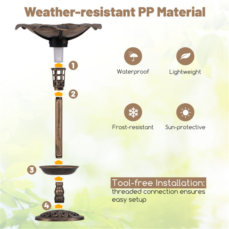 Outdoor Birdbath with Feeder & Solar Lamp, Freestanding Garden Decoration