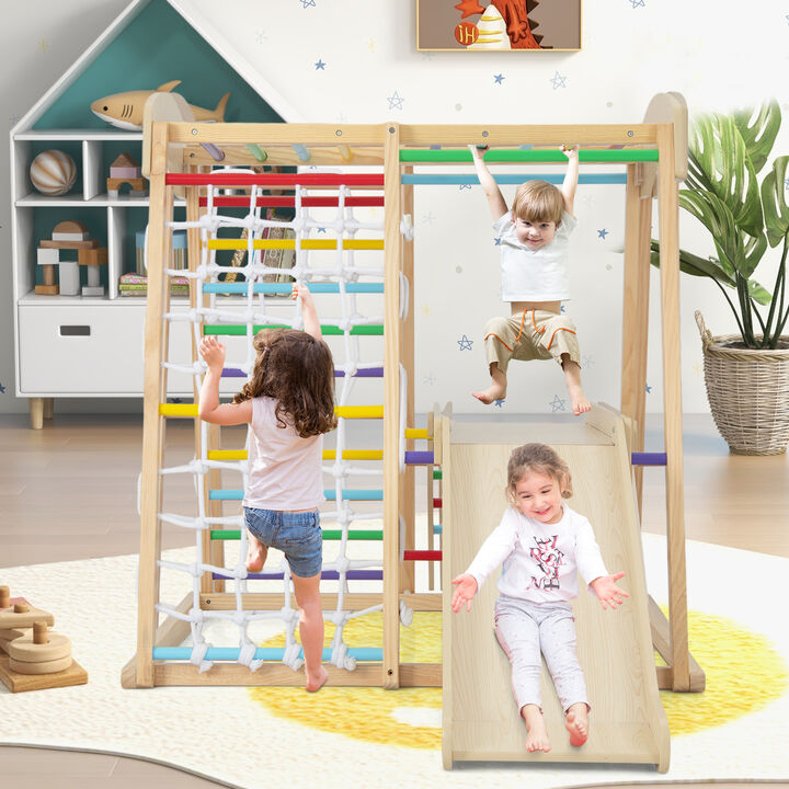 6-in-1 Indoor Jungle Gym Kids Wooden Playground with Monkey Bars