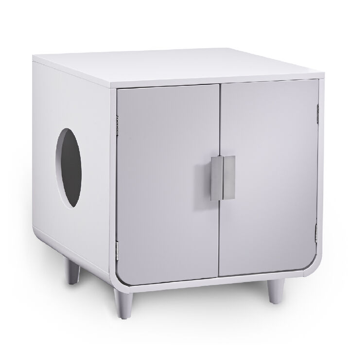 Teamson Pets Dyad Mid Century Wooden Cat Litter Box Cabinet and Side Table, Alpine White