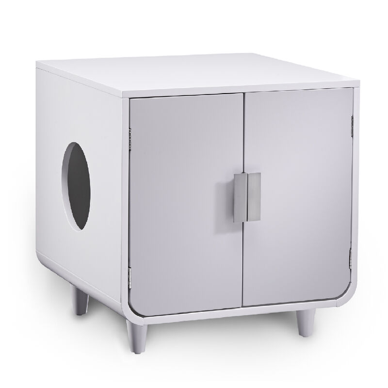 Teamson Pets Dyad Mid Century Wooden Cat Litter Box Cabinet and Side Table, Alpine White