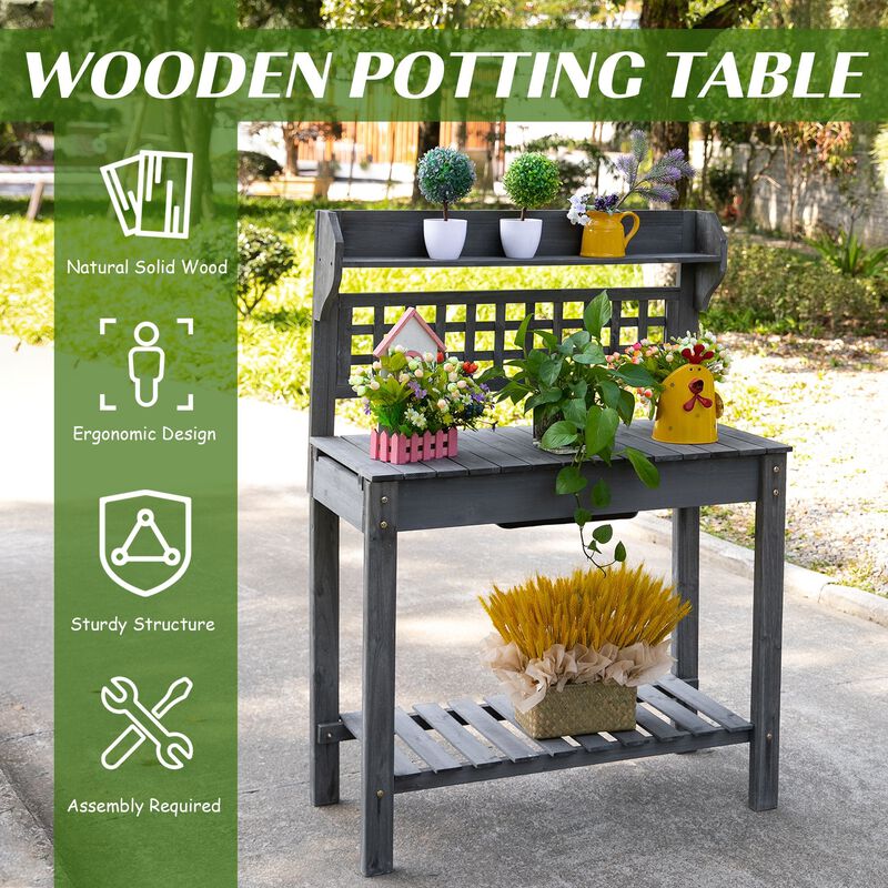 Gray Outdoor Workbench: Wooden Potting Station with Expandable Top