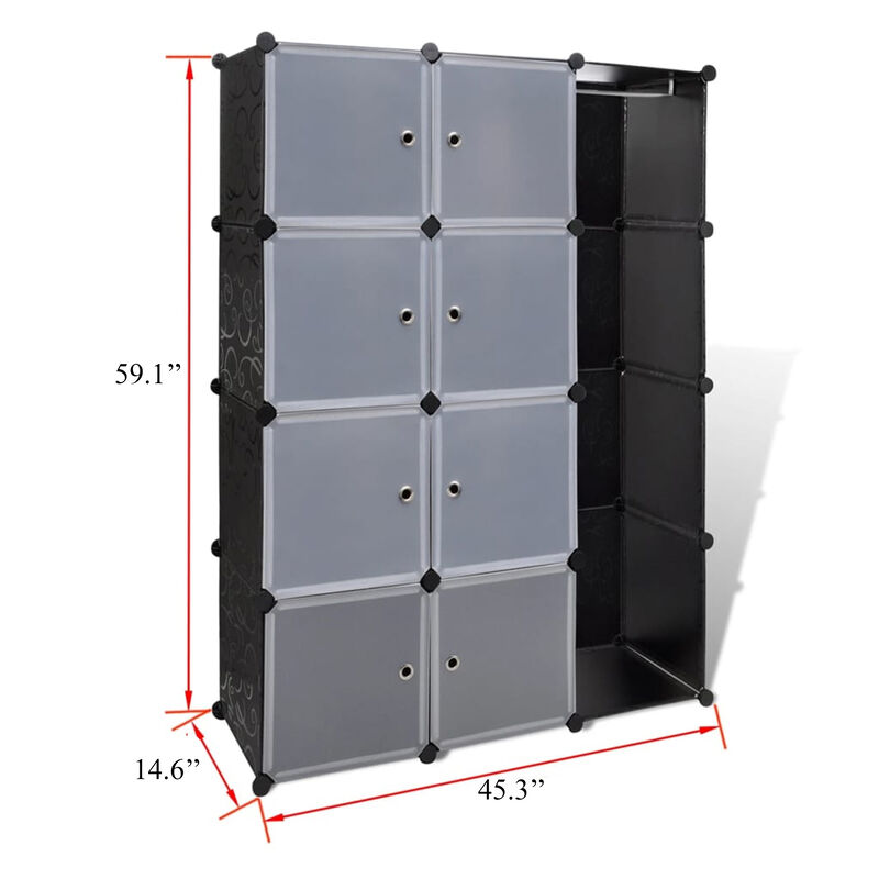 Modular Cabinet, 8 Storage n Hanging Compartments, Black White 59 Inch - Benzara