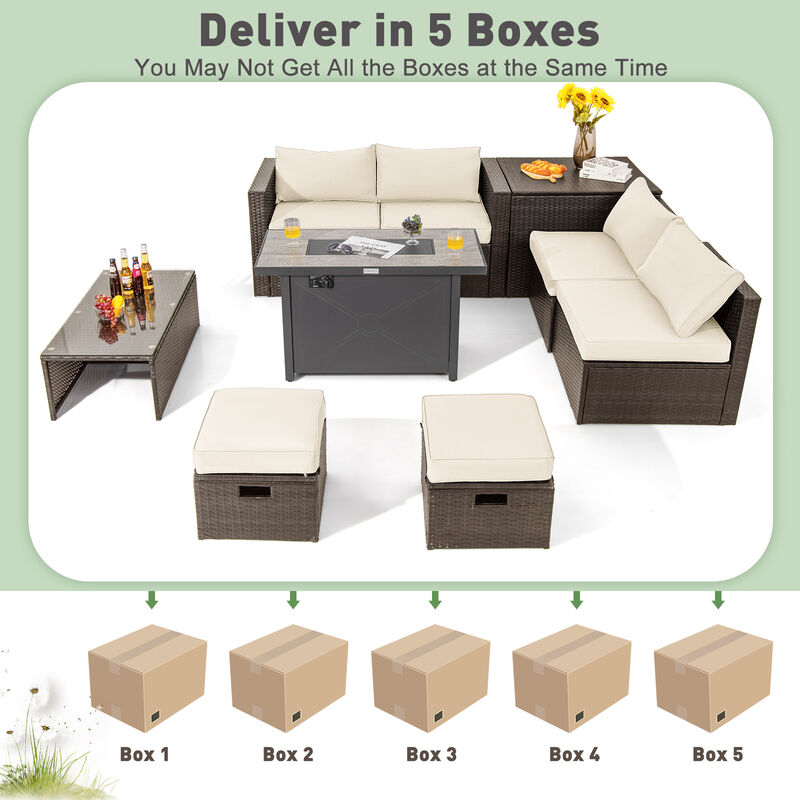 9-Piece Outdoor Patio Furniture Set with Cushions & Propane Fire Pit Table for Garden or Backyard