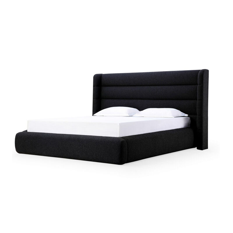 Mase Full Platform Bed, Boucle Upholstery, Wingback Headboard, Gray - Benzara