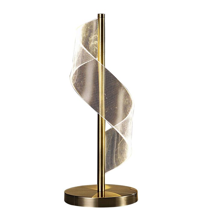 Melly 19 Inch Table Lamp, LED Swirl Ribbon Design, Acrylic, Antique Brass-Benzara