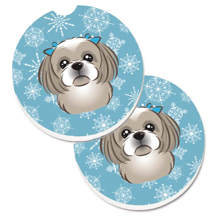 Caroline's Treasures Snowflake Gray Silver Shih Tzu Set of 2 Cup Holder Car Coasters BB1684CARC, 2.56, Multicolor