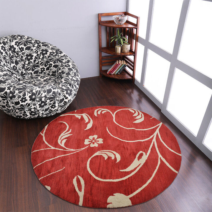 RUGSOTIC CARPETS HAND TUFTED WOOL ECO-FRIENDLY AREA RUGS  - 8'x8', Round Shape, Red & Beige, Floral Modern Design, High Pile Thick Handmade Anti Skid Area Rugs for Living Room, Bed Room (K00733)