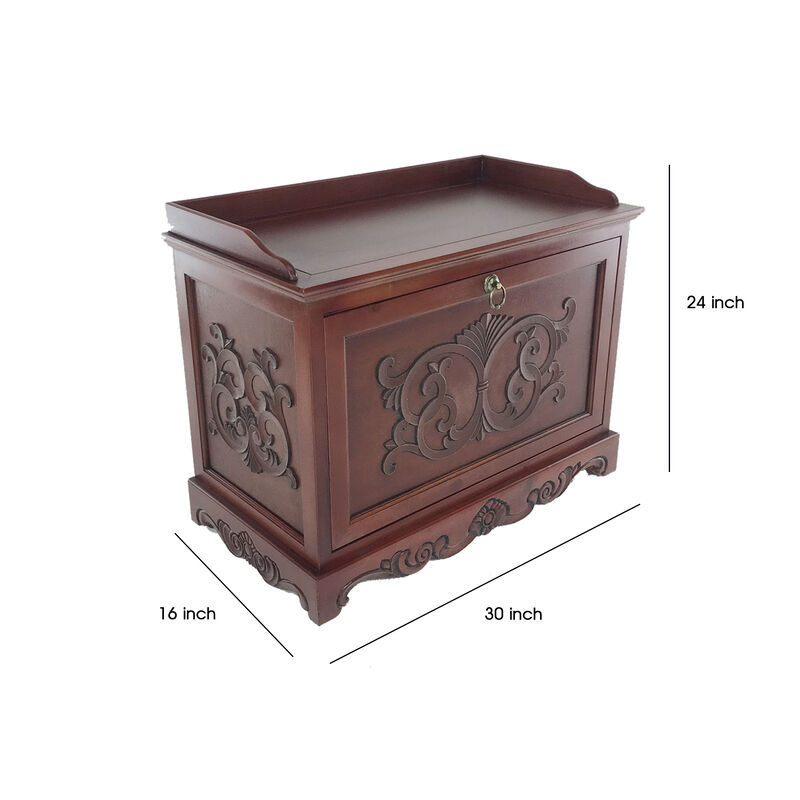 Engraved Wooden Shoe Cabinet with Drop Down Opening and Metal Hinges, Brown-Benzara