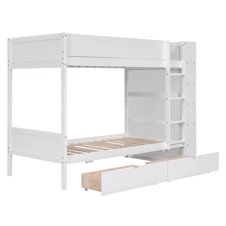 Twin Over Twin Bunk Bed With 2 Drawers And Multilayer Cabinet, White