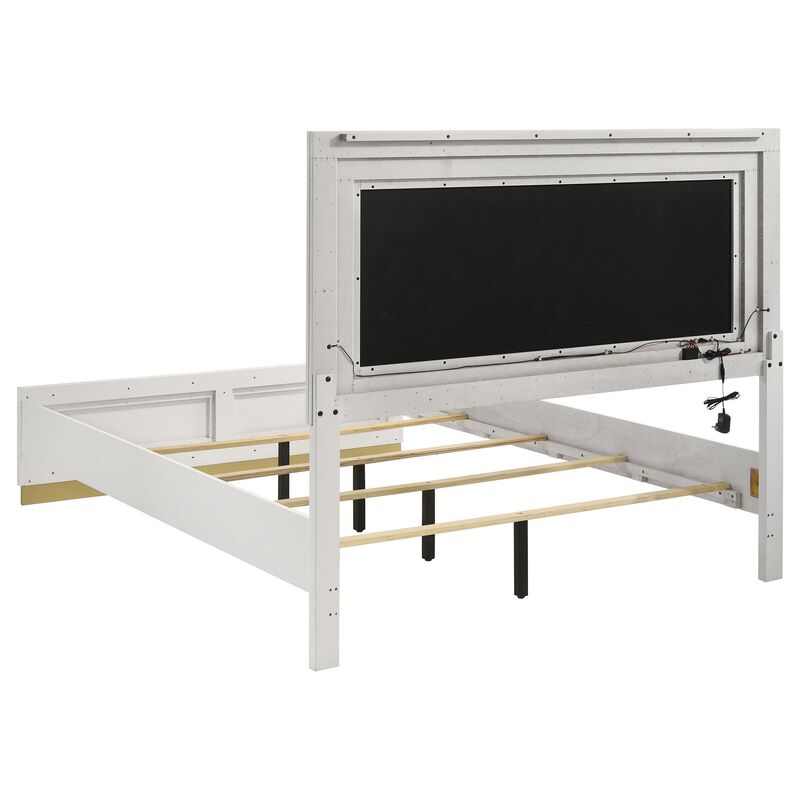 Caer Queen Size Bed, LED Panel Tall Headboard, Gray Upholstery, White Okume -