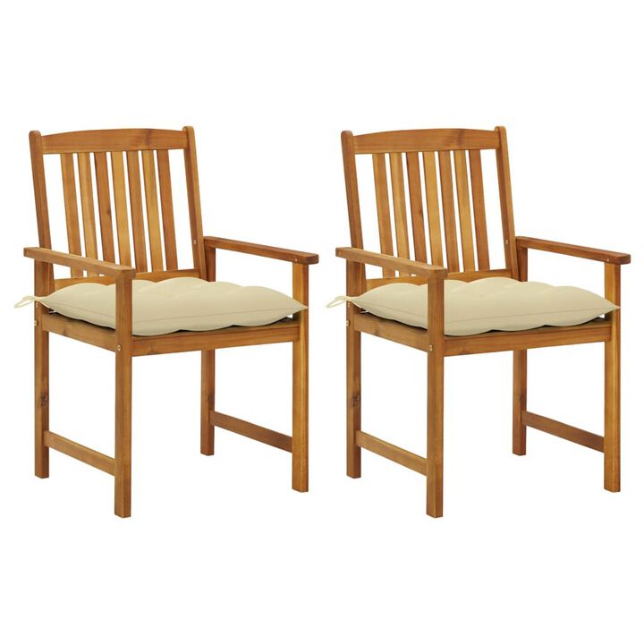Blaire Outdoor Accent Chairs, Set of 2, Acacia Wood, Cream Cushions - Benzara