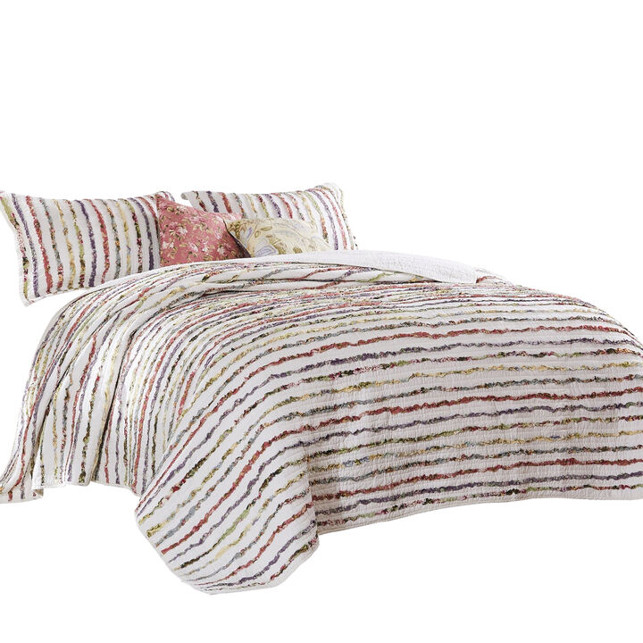Five Piece King Size Cotton Quilt Set with Sewn Floral Ruffles, Multicolor - Benzara