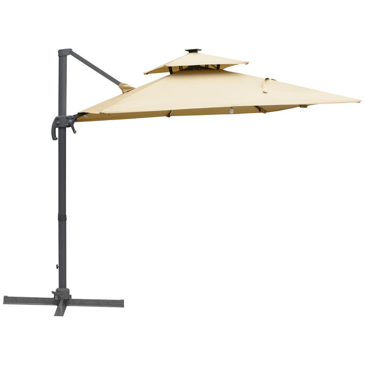 10ft Solar LED Cantilever Umbrella w/ Cross Base Tilt and Crank Khaki