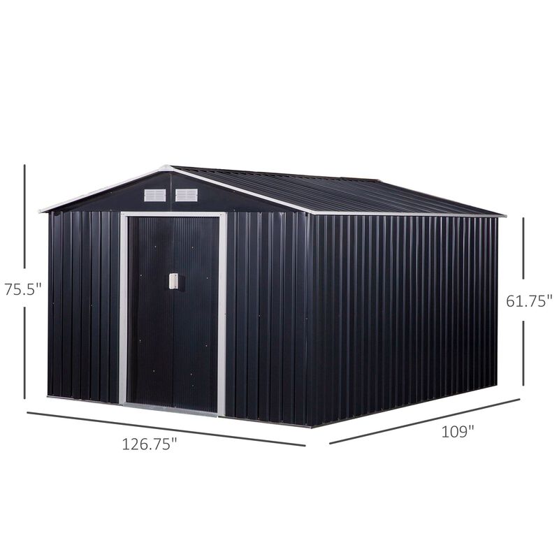 Dark Gray Garden Vault: 11'x9' Metal Storage Shed with Sliding Doors