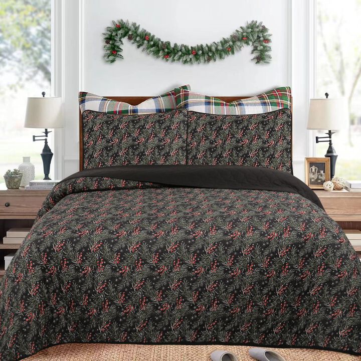 MarCielo 3 Pcs Christmas Vintage Quilt Bedspread Set Holiday Bedding Holly Berry Tree