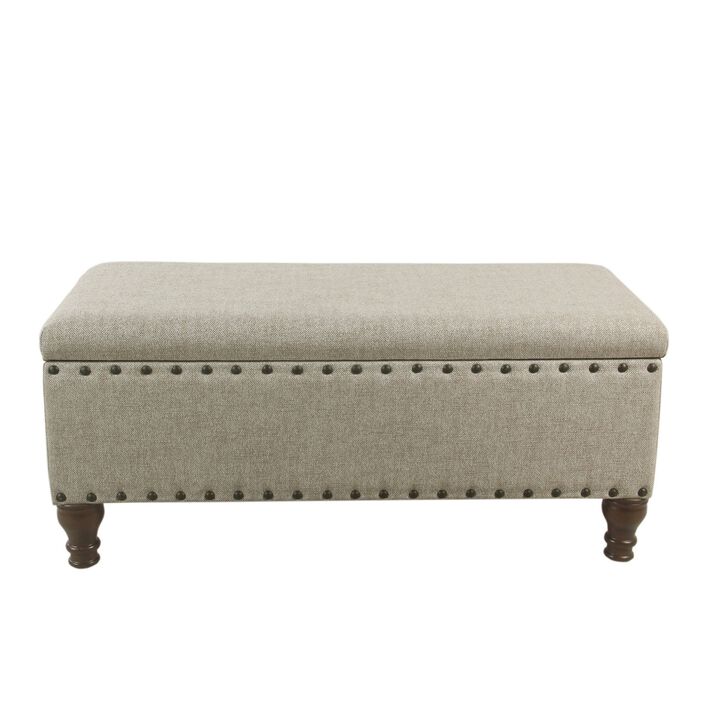 Textured Fabric Upholstered Wooden Storage Bench With Nail head Trim, Large, Beige and Brown - Benzara