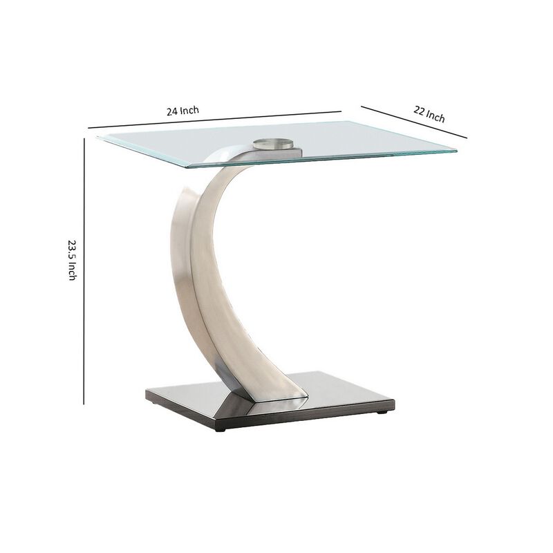 Floating Tempered Glass Top End Table with Metal Support, Clear and Silver-Benzara