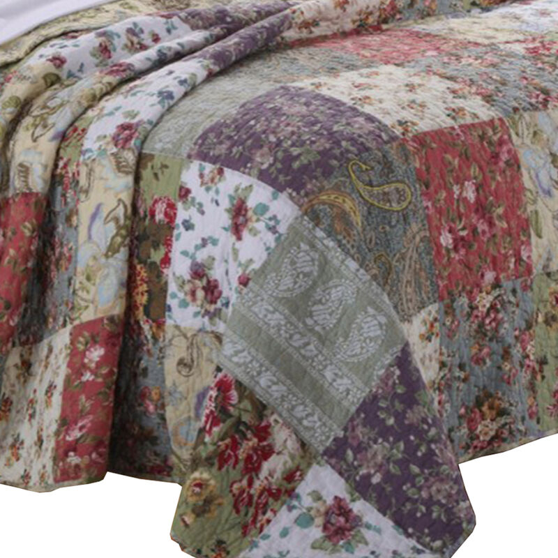 Chicago 3 Piece Fabric King Bedspread Set with Jacobean Prints, Multicolor - Benzara