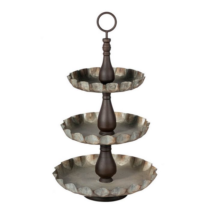 Ammy 28 Inch 3 Tier Round Decorative Serving Tray, Black and Gray Iron - Benzara