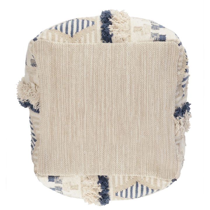 Fabric Pouf Ottoman with Woven Design and Fringe Details, Cream and Blue-Benzara