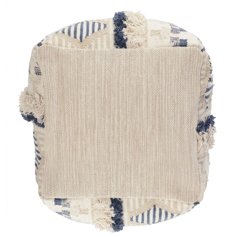 Fabric Pouf Ottoman with Woven Design and Fringe Details, Cream and Blue-Benzara