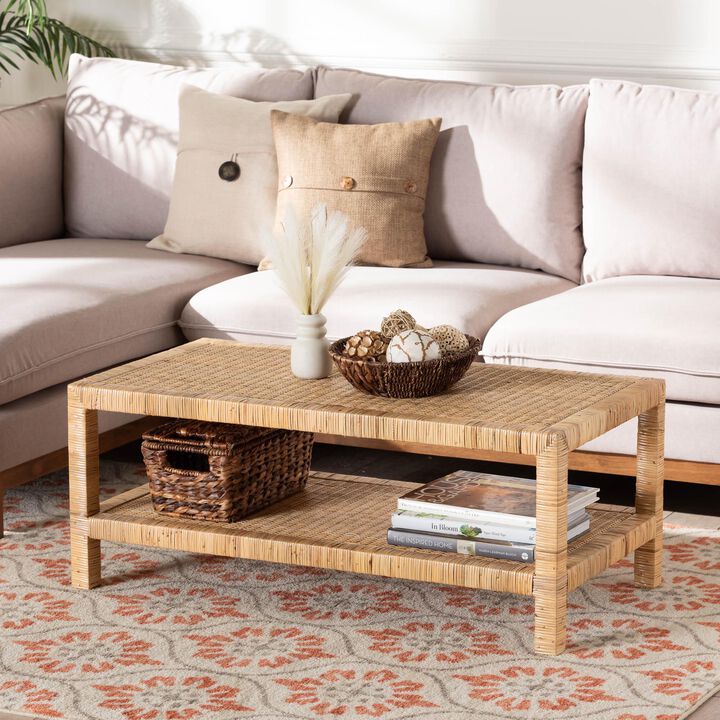 Bali & Pari Kalimantan Bohemian Light Honey Rattan and Mahogany Wood Rectangle Coffee Table
