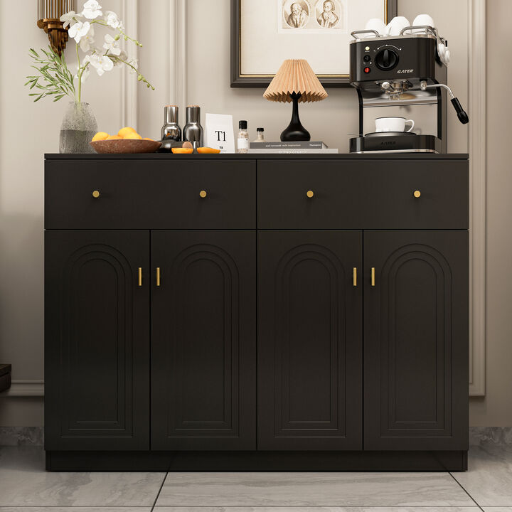 FUFU&GAGA Modern Black Sideboard with 2 Drawers & 4 Cabinet Doors, T-Shaped Door Design, Gold Handles, and Adjustable Shelves (47.2" W x 35.4" H x 15.7" D), Black