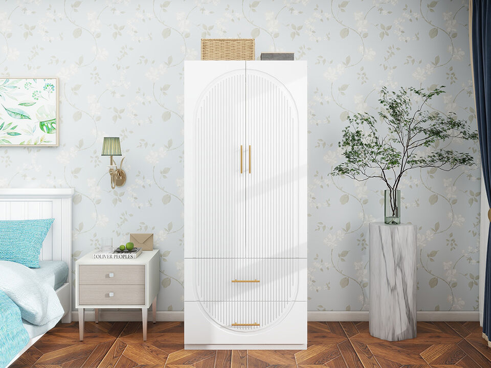 Armoire Wardrobe Closet with 2 Doors with Clothing Rod Inside Cabinet and 2 Drawers for Storage, White,31.5”W x 20.4”D x 74.2”H