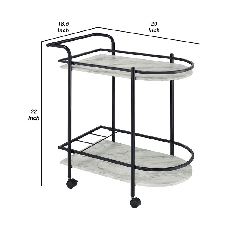 Rhea 32 Inch Bar Cart Trolley, U Shaped Tray, Faux Marble Shelves, Black-Benzara