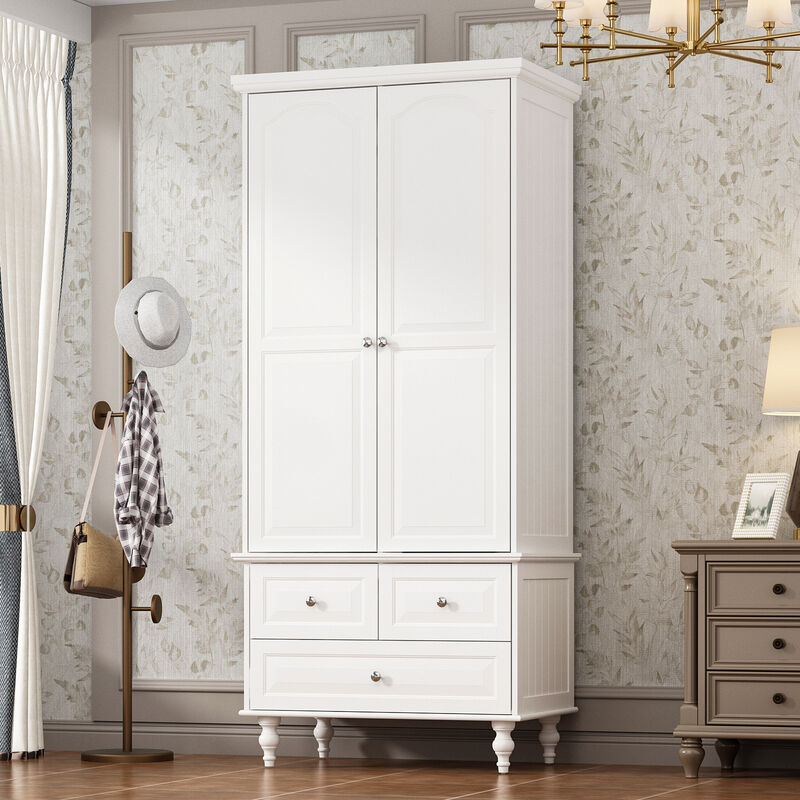 White Paint Wood 2-Door Armoires with Hanging Rod, 3-Drawers, Adjustable Shelves 70.9 in. H x 31.5 in. W x 19.7 in. D