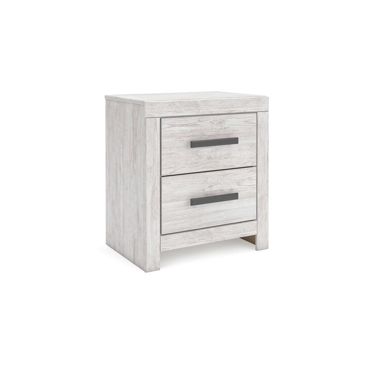 Cany Nightstand, 2 Drawers with Black Handles, Vintage Whitewash - Benzara