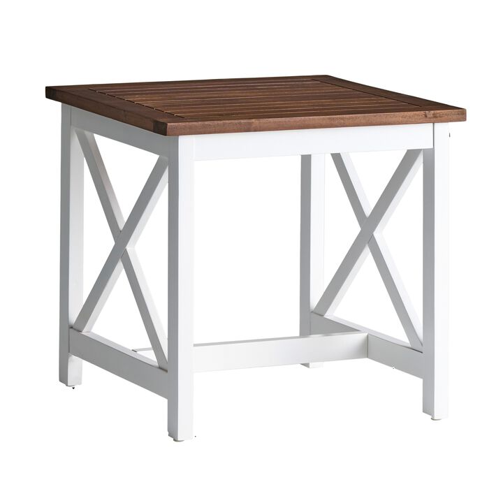 Side End Table, 20 Inch Square Rustic Farmhouse Brown White Wood - Benzara