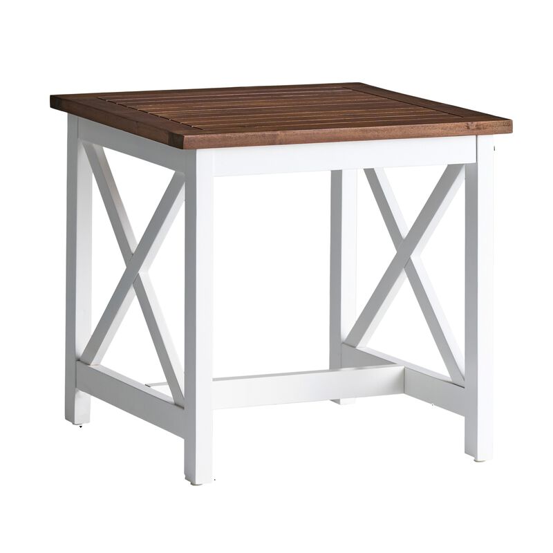 Side End Table, 20 Inch Square Rustic Farmhouse Brown White Wood - Benzara