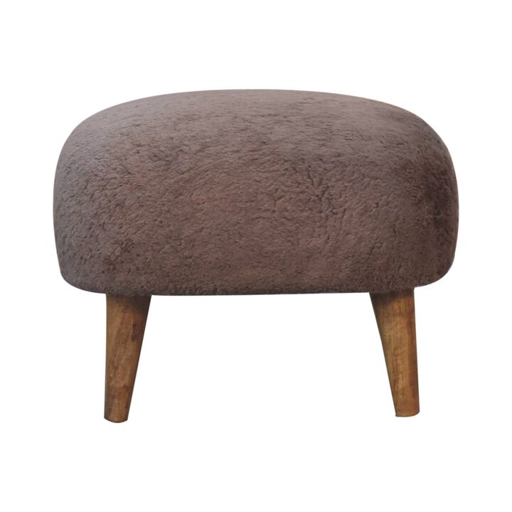 Mocha Faux Fur Upholstered Solid Wood Square Stool