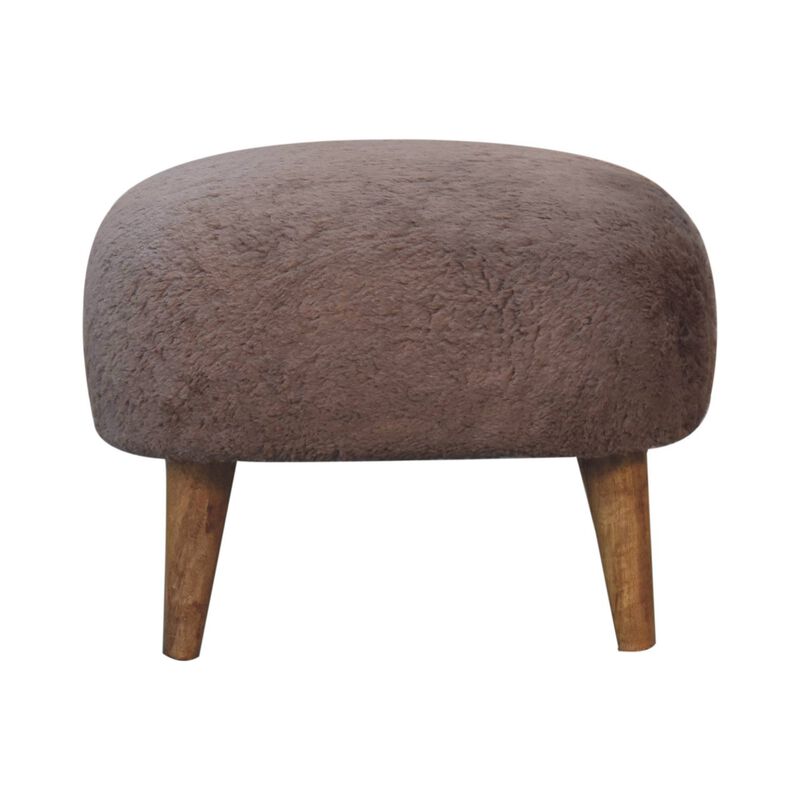 Mocha Faux Fur Upholstered Solid Wood Square Stool