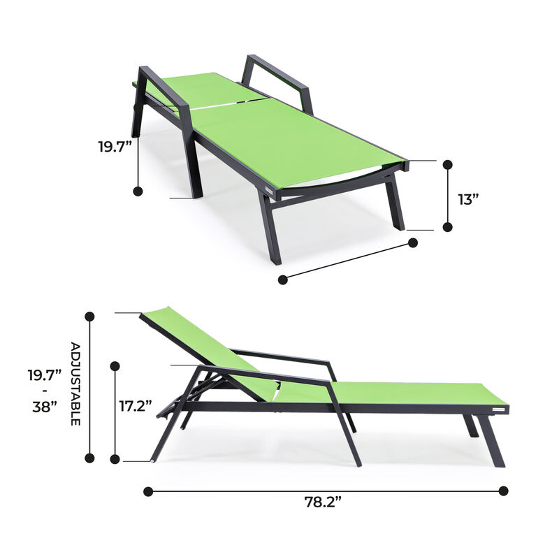 LeisureMod Marlin Patio Chaise Lounge Chair with Armrests – Black Aluminum Frame & Navy Blue Mesh for Outdoor Comfort