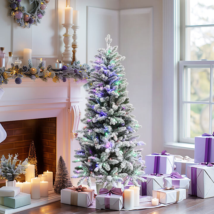 LuxenHome 5Ft Multicolored Pre-Lit Flocked Artificial Tree Potted