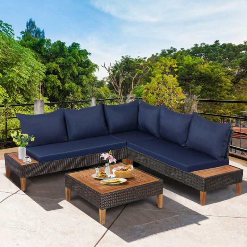 Hivvago 4 Pieces Patio Cushioned Rattan Furniture Set with Wooden Side Table